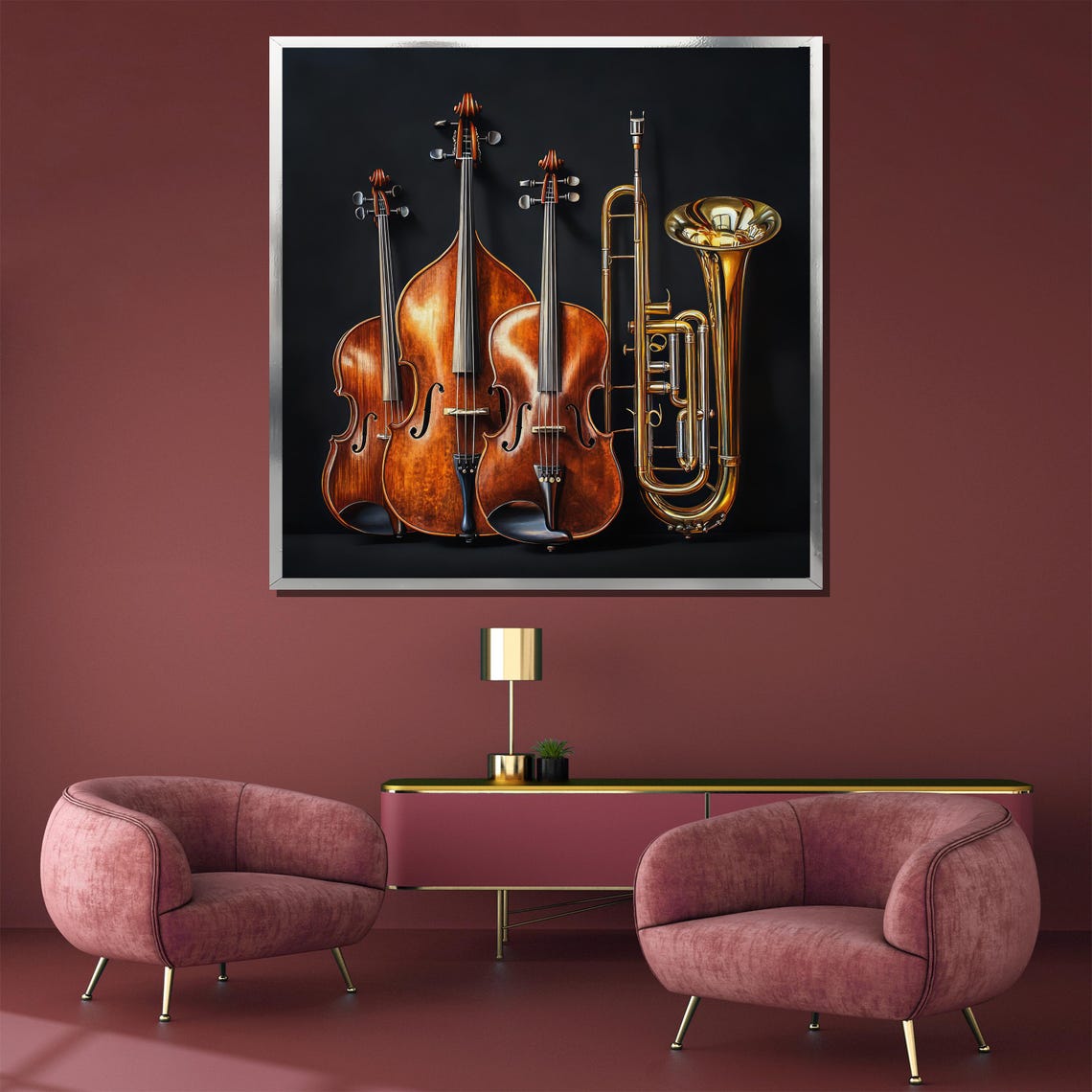 Elegant Violin Cello and Brass Orchestra Instruments Painting Poster - Image 3