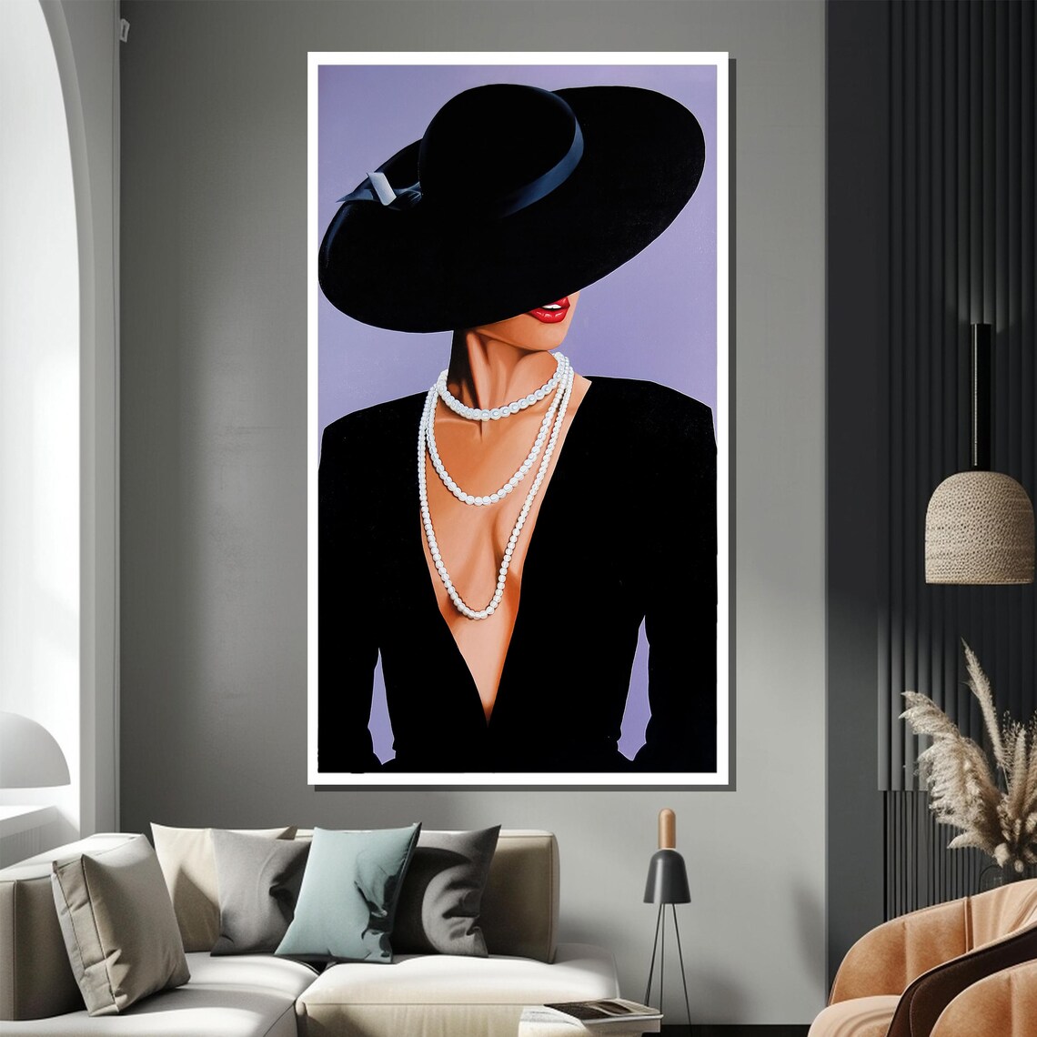 Elegant Woman In Black Hat Pearls And Dress On Lavender Poster - Image 3