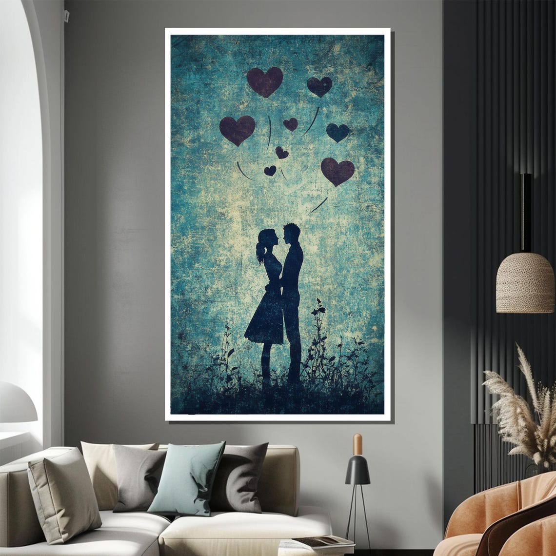 Couple Silhouette With Floating Hearts on Teal Blue Backdrop Poster - Image 3