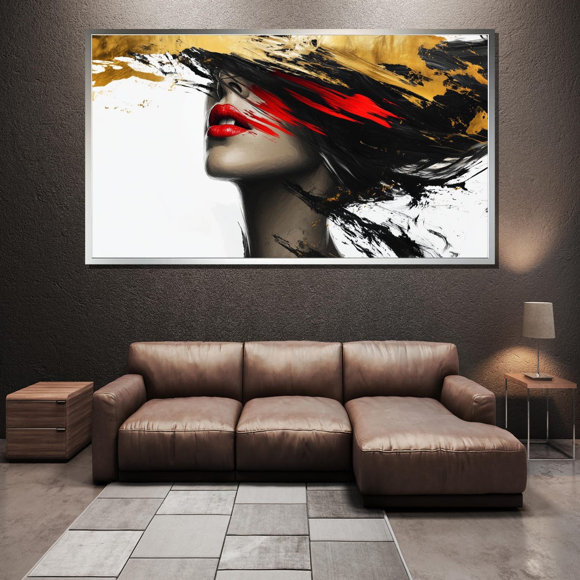 Red Lipped Woman Windswept Hair Bold Black Red Gold Glamour Poster - Image 3