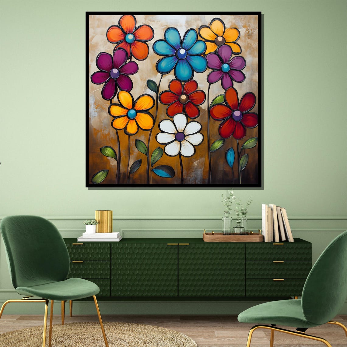Bold Colorful Stylized Daisy Flowers On Golden Brown Art Poster - Image 4