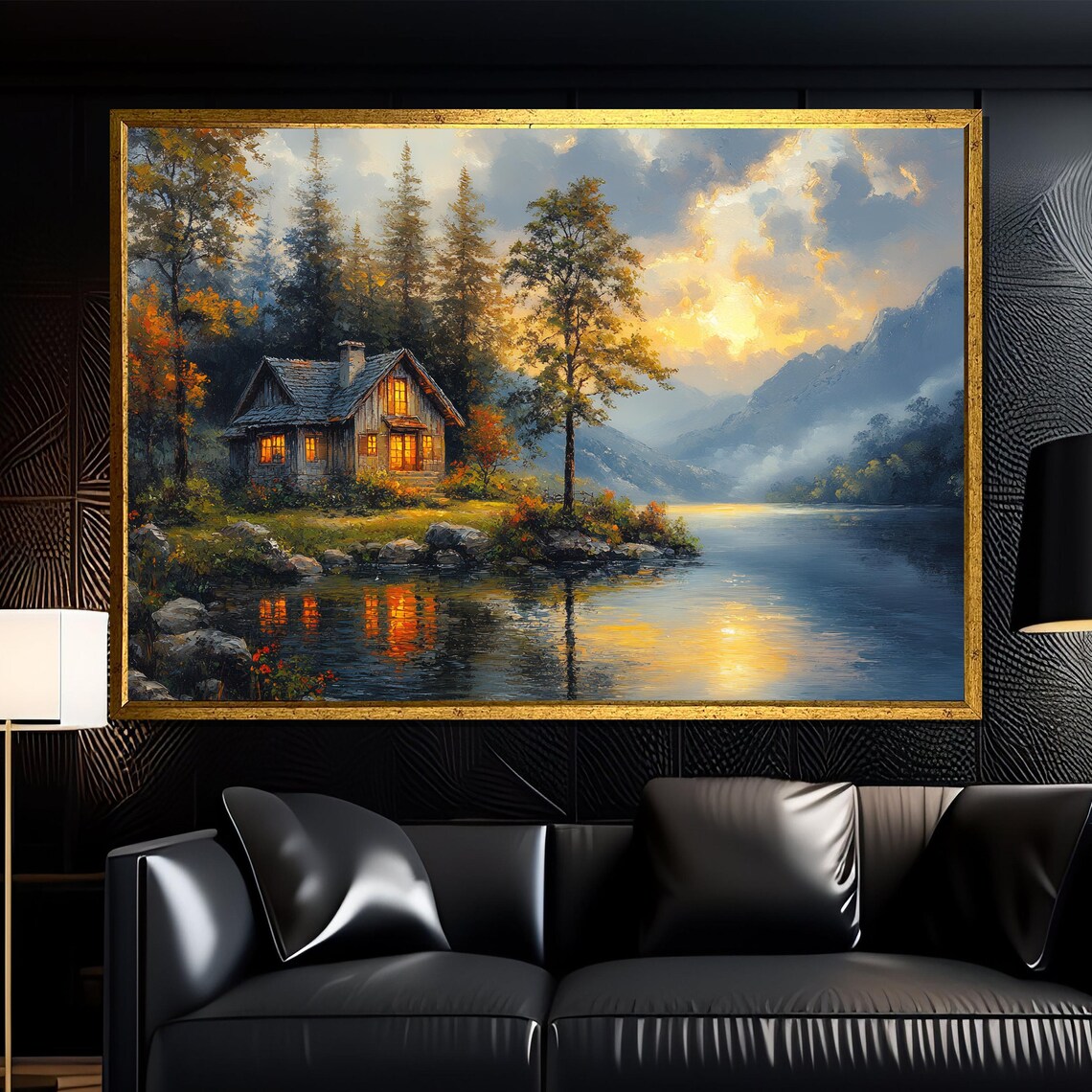 Cozy Cabin By The Lake At Dusk With Glowing Lights Art Poster
