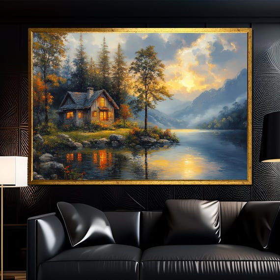 Cozy Cabin By The Lake With Glowing Lights Painting Stunning Wall Art Gift For White Room And Rustic Nature Decor