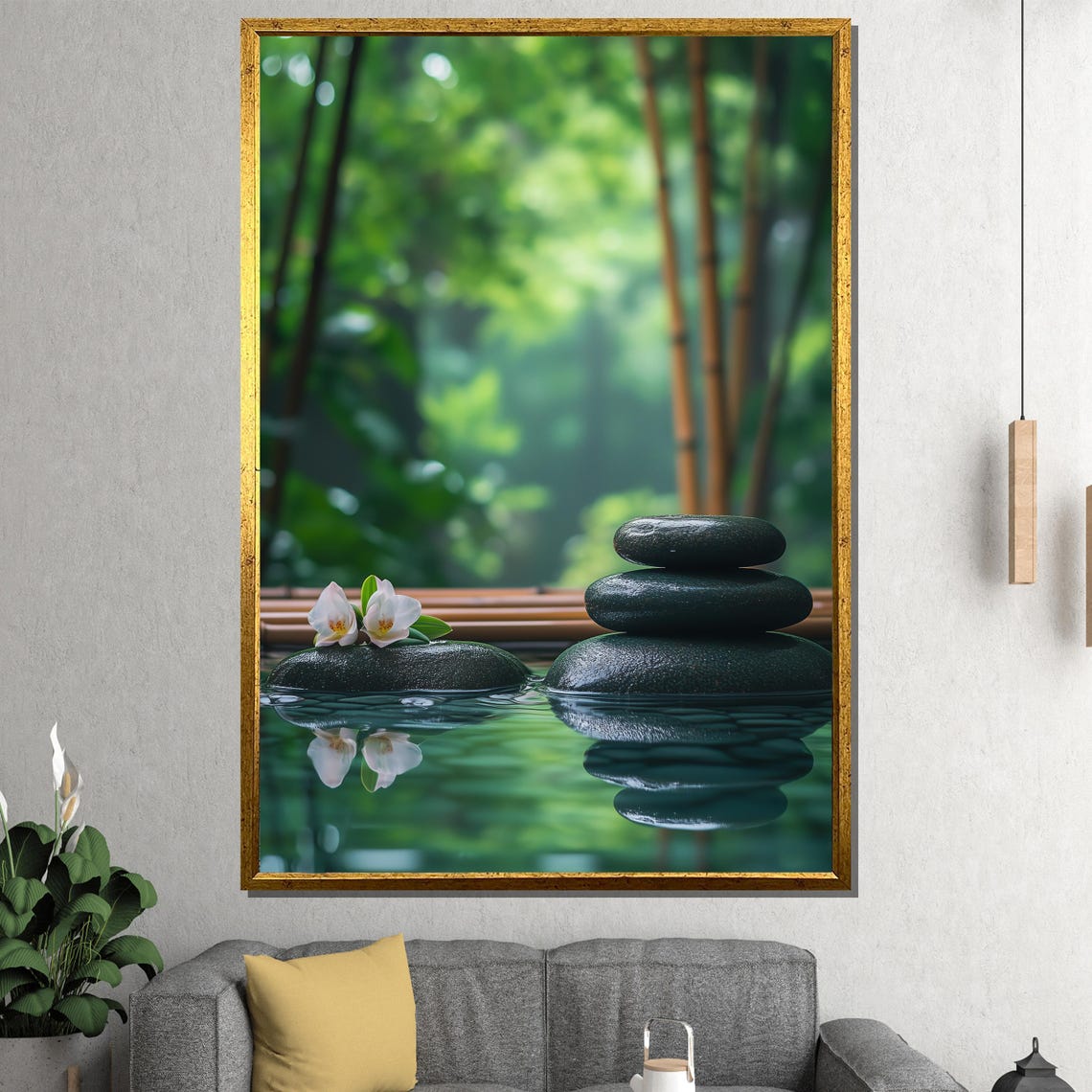 Tranquil Zen Garden Stones and Bamboo Water Reflection Poster