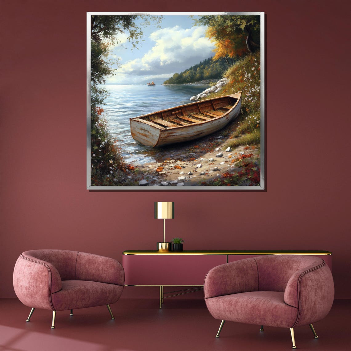 Lakeside Boat Painting Tranquil Water And Forest Wall Art Rustic Home Decor Gift For Relaxing Spaces - Image 4
