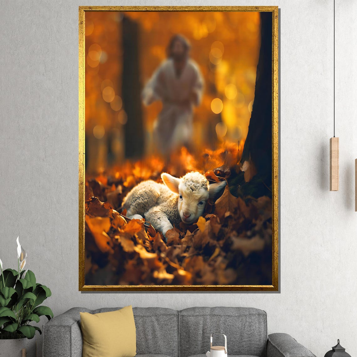Lost Sheep Lamb in Autumn Leaves Jesus Behind Christian Poster