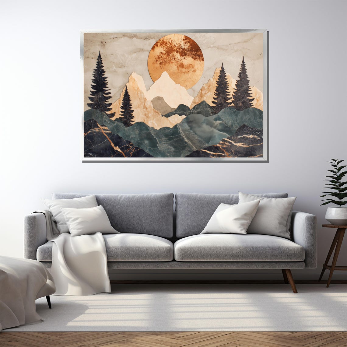 Golden Sun And Marble Mountain Forest Painting Unique Wall Art Gift For White Room And Modern Nature Decor - Image 3