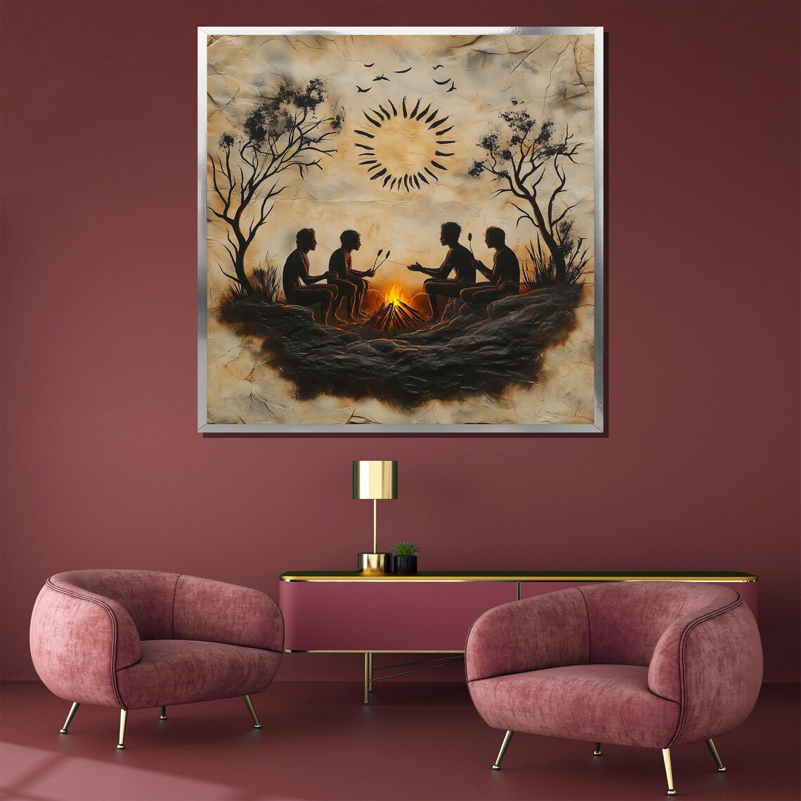 Tribal Campfire Gathering Under Radiant Sun Sepia Toned Art Poster - Image 3