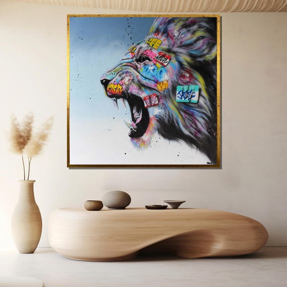 Graffiti Lion Roar Painting Vibrant Wall Art Gift For Modern Home Decor And Bold Statement Piece