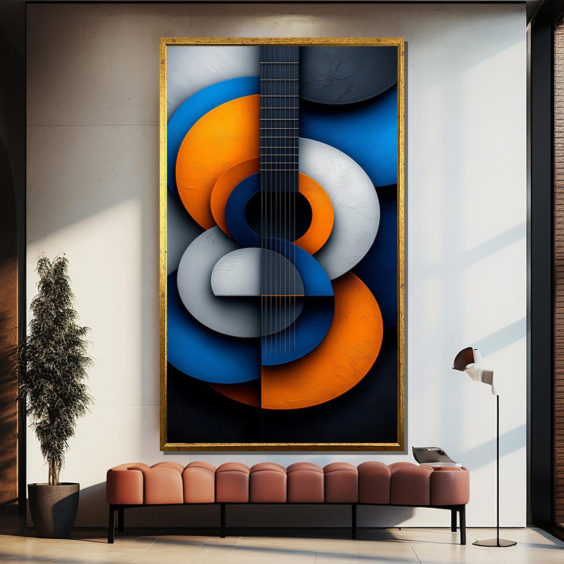 Abstract Acoustic Guitar Circles Blue Orange Modern Wall Poster