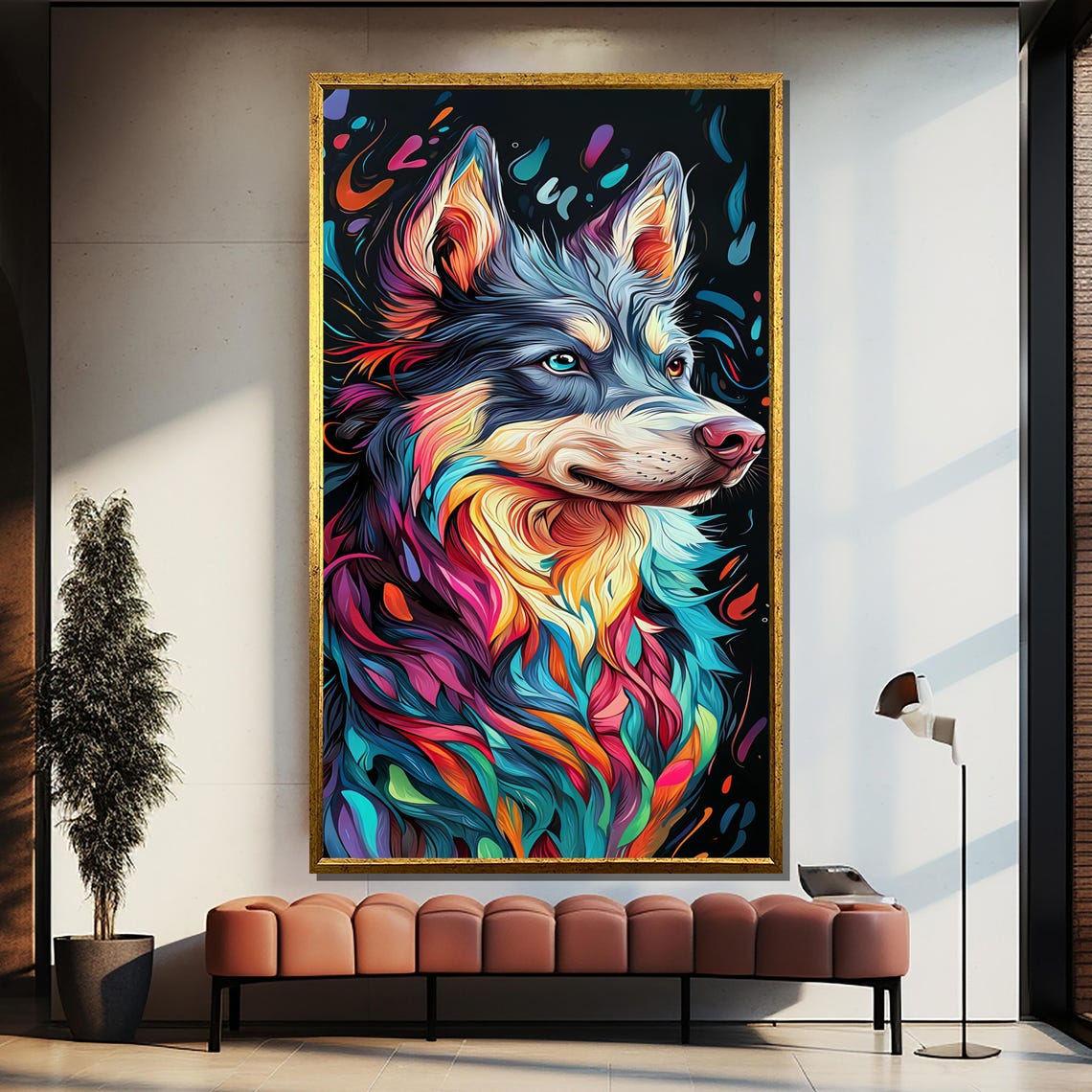 Colorful Neon Wolf Head Swirling Rainbow Fur Pattern Artwork Poster