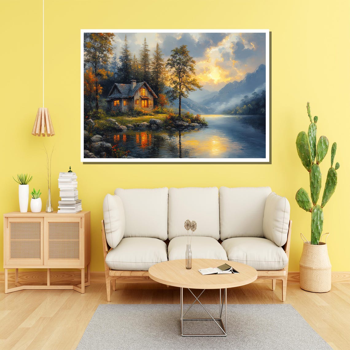 Cozy Cabin By The Lake At Dusk With Glowing Lights Art Poster - Image 2
