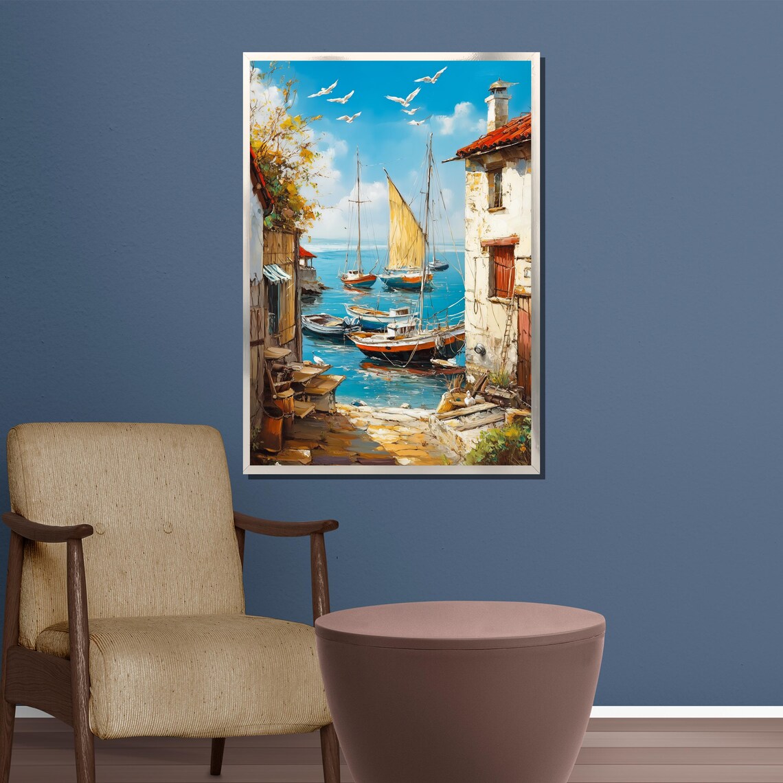 Mediterranean Fishing Harbor Boats Seagulls Coastal Art Poster - Image 3