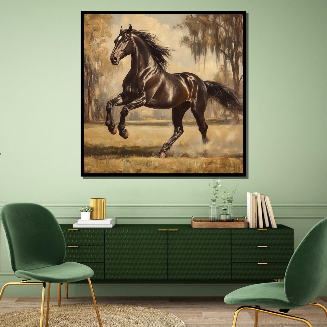 Black Horse Galloping Freely in a Golden Sunlit Field Poster - Image 4