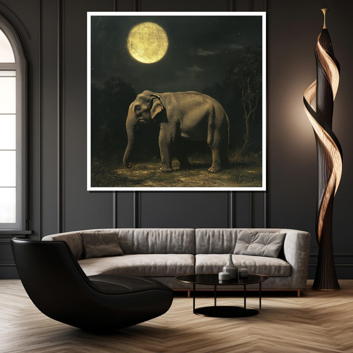 Elephant Under Golden Full Moon On Dark Savanna Night Poster - Image 2