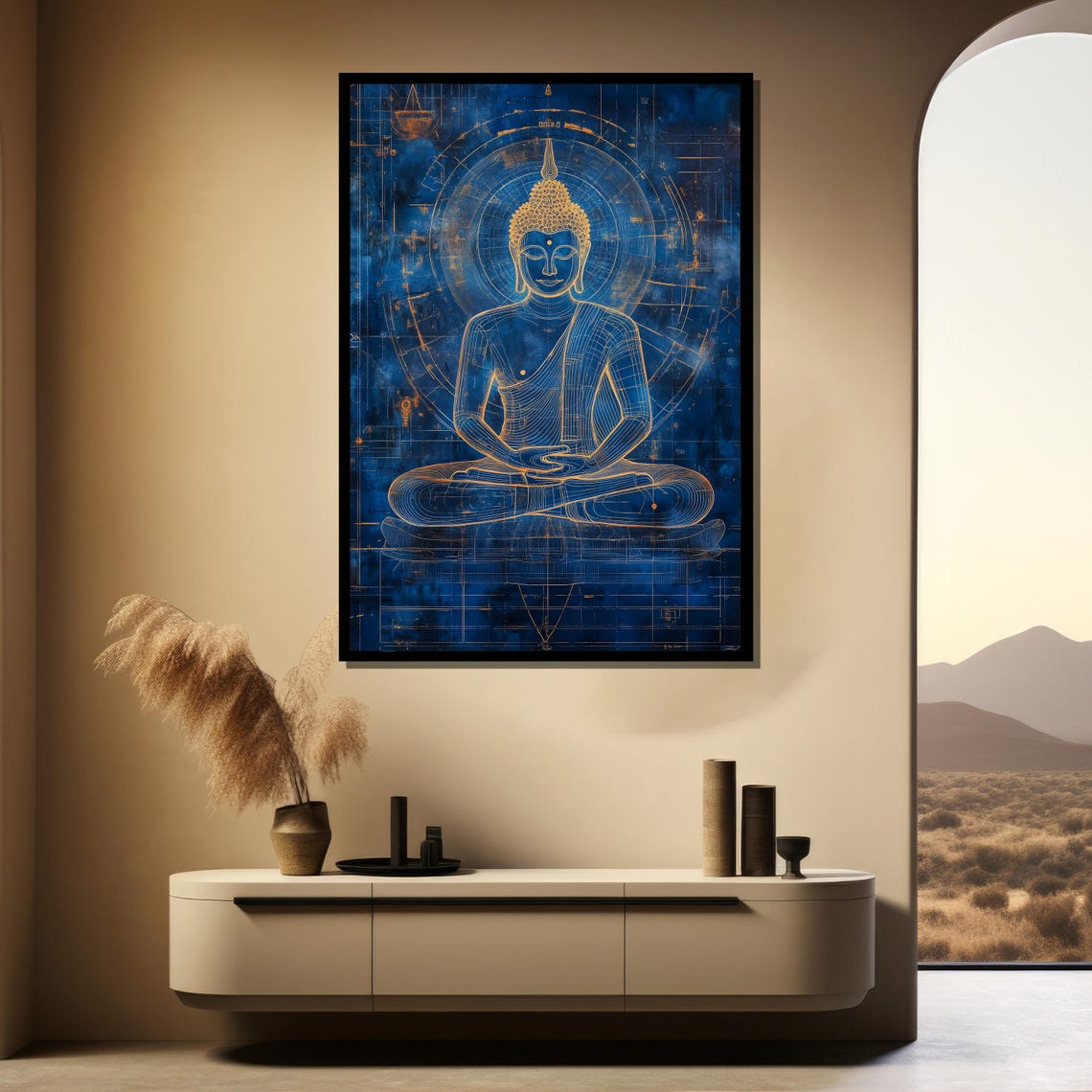 Blue and Gold Geometric Buddha Line Art Technical Drawing Poster - Image 4