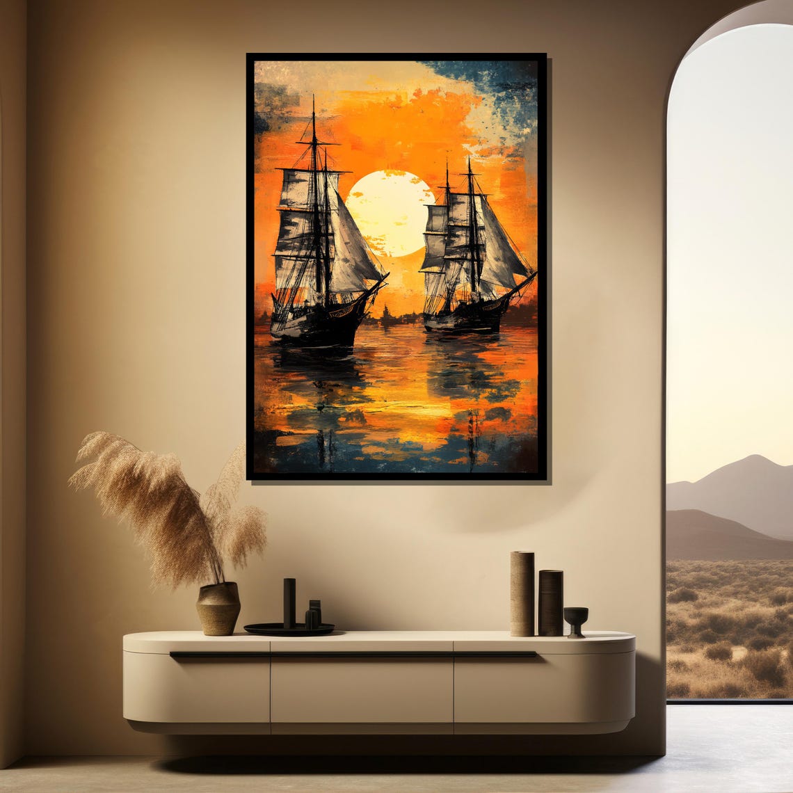 Tall Sailing Ships At Golden Sunset Ocean Nautical Art Poster - Image 4