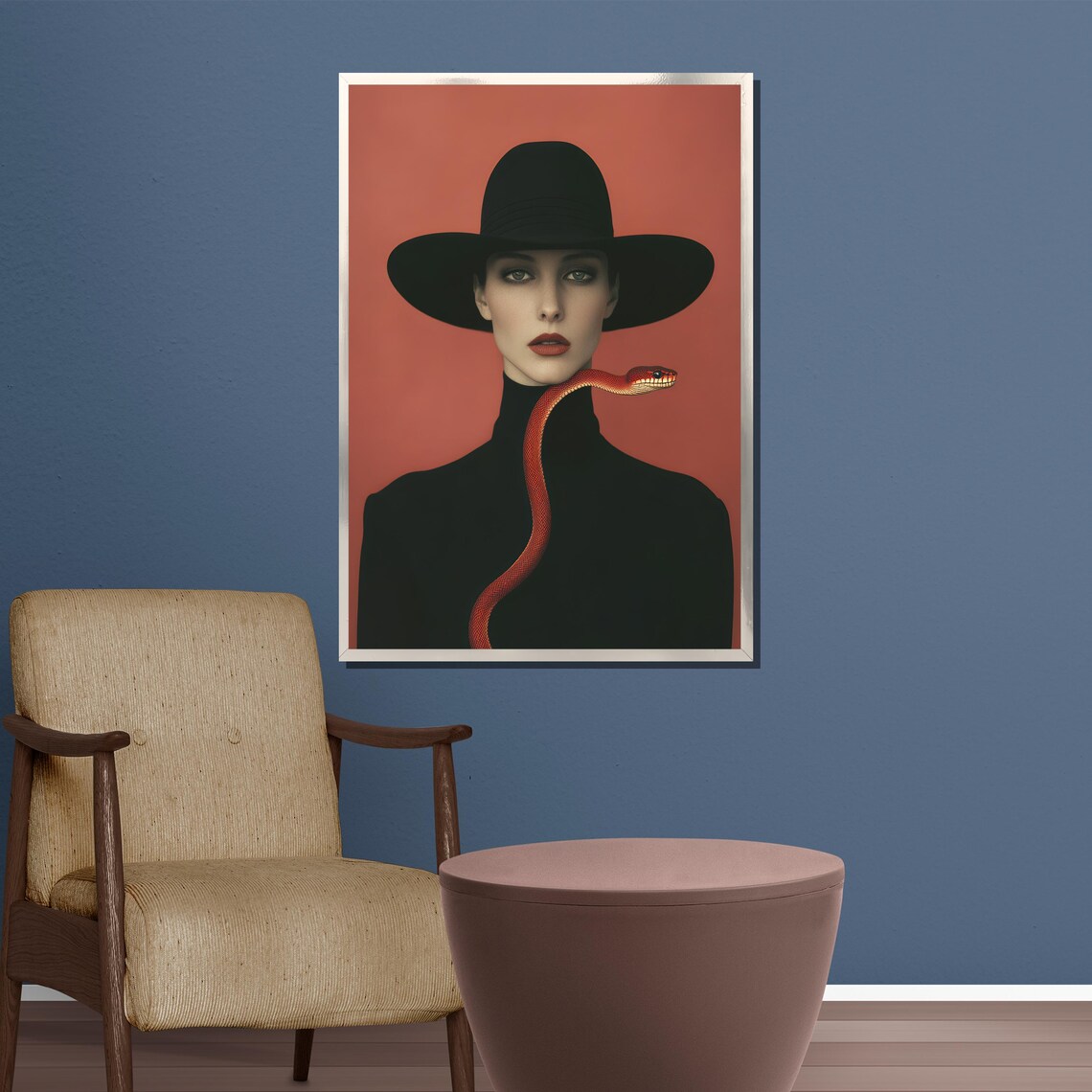 Mysterious Woman In Black Hat With Red Snake Portrait Art Poster - Image 4
