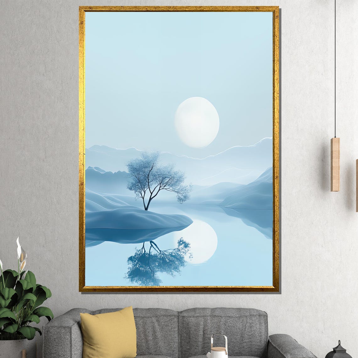 Serene Moonlight Blue Lake Misty Mountains Landscape Art Poster