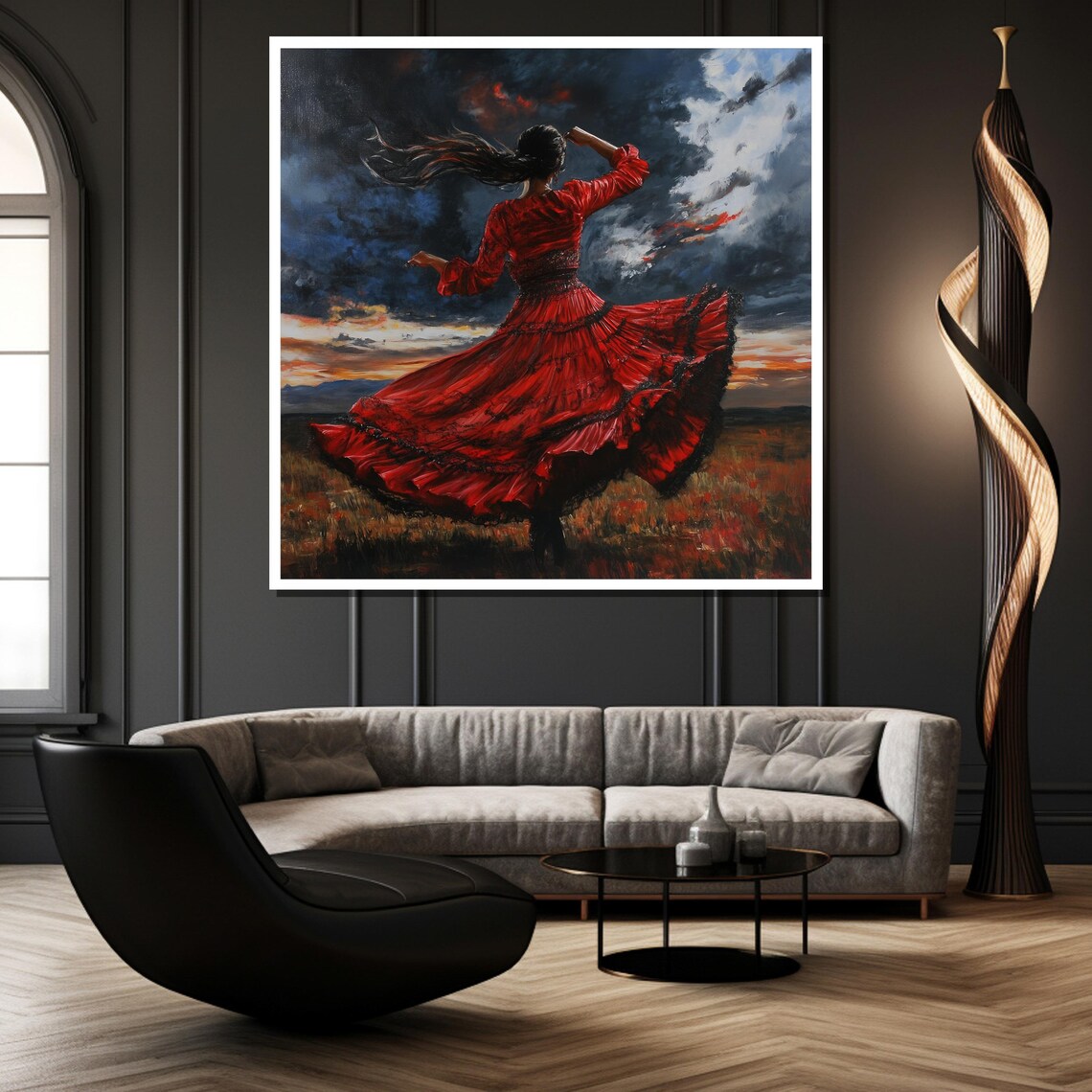 Woman Red Dress Stormy Sunset Field Twirl Painting Wall Poster - Image 2