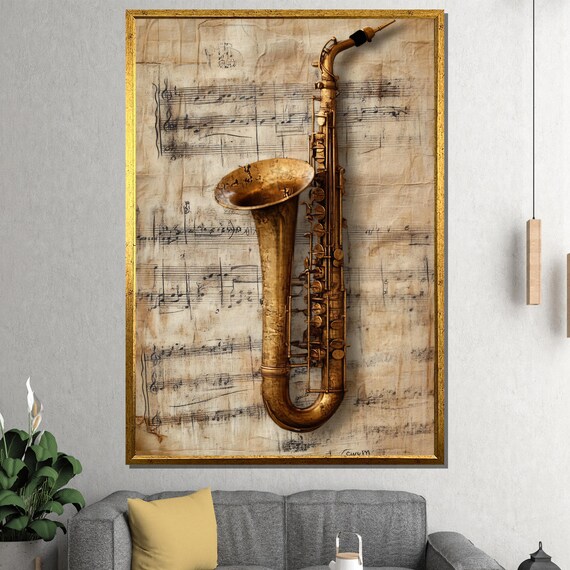 Classic Antique Golden Saxophone on Weathered Sheet Music Poster