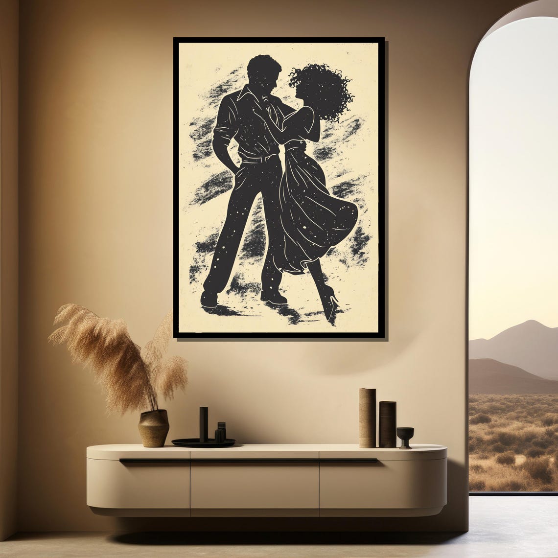 Dancing Couple Black Silhouette on Cream Grunge Texture Art Poster - Image 4