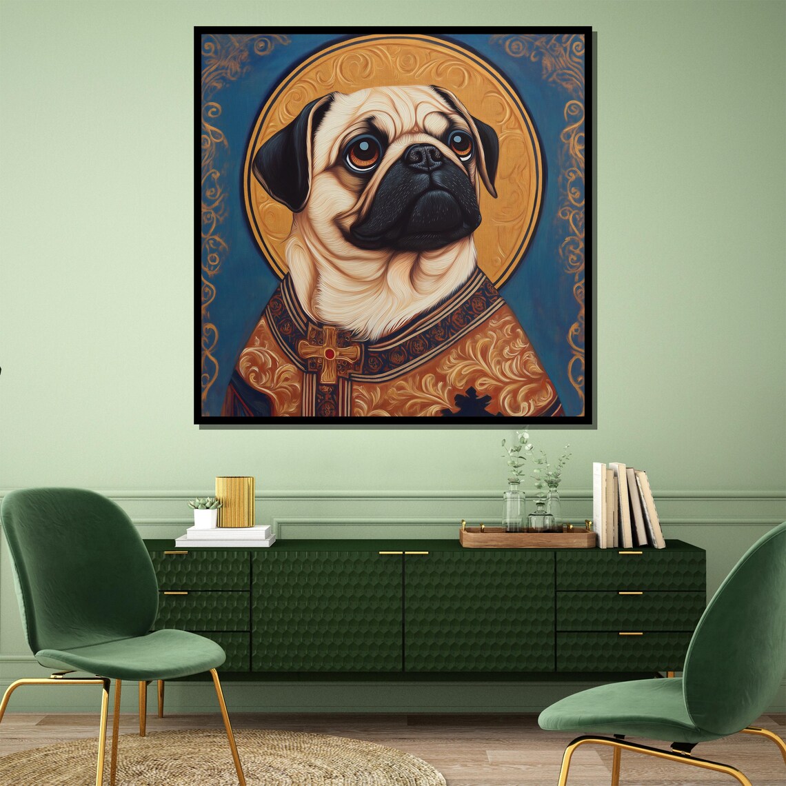 Royal Pug in Golden Robes with a Glowing Halo Funny Dog Poster - Image 4