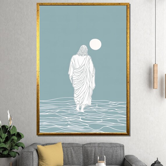 Minimalist Line Art Jesus Walking on Water Sage Green Poster