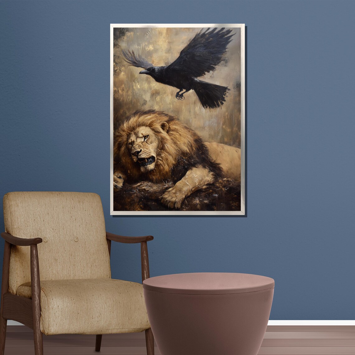 Resting Lion with a Raven Flying Above Moody Wildlife Poster - Image 3
