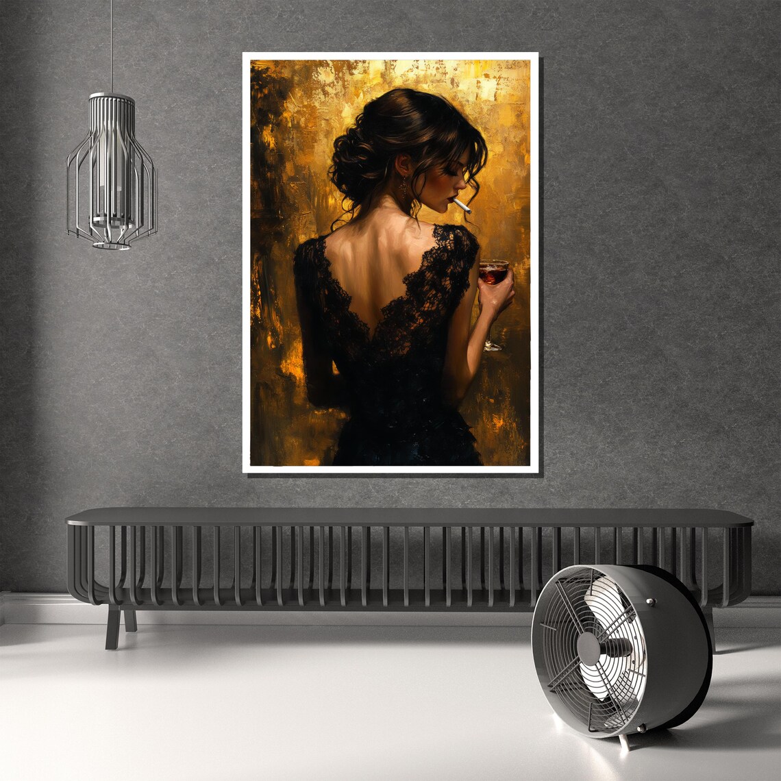 Elegant Woman In Black Lace Dress Holding Wine Golden Night Poster - Image 3