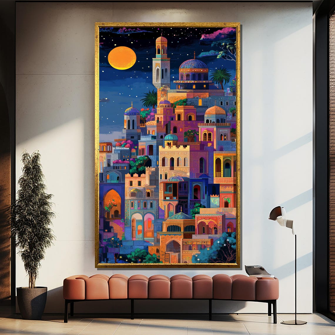 Vivid Middle Eastern Nightscape Moonlit Domes Minarets Poster