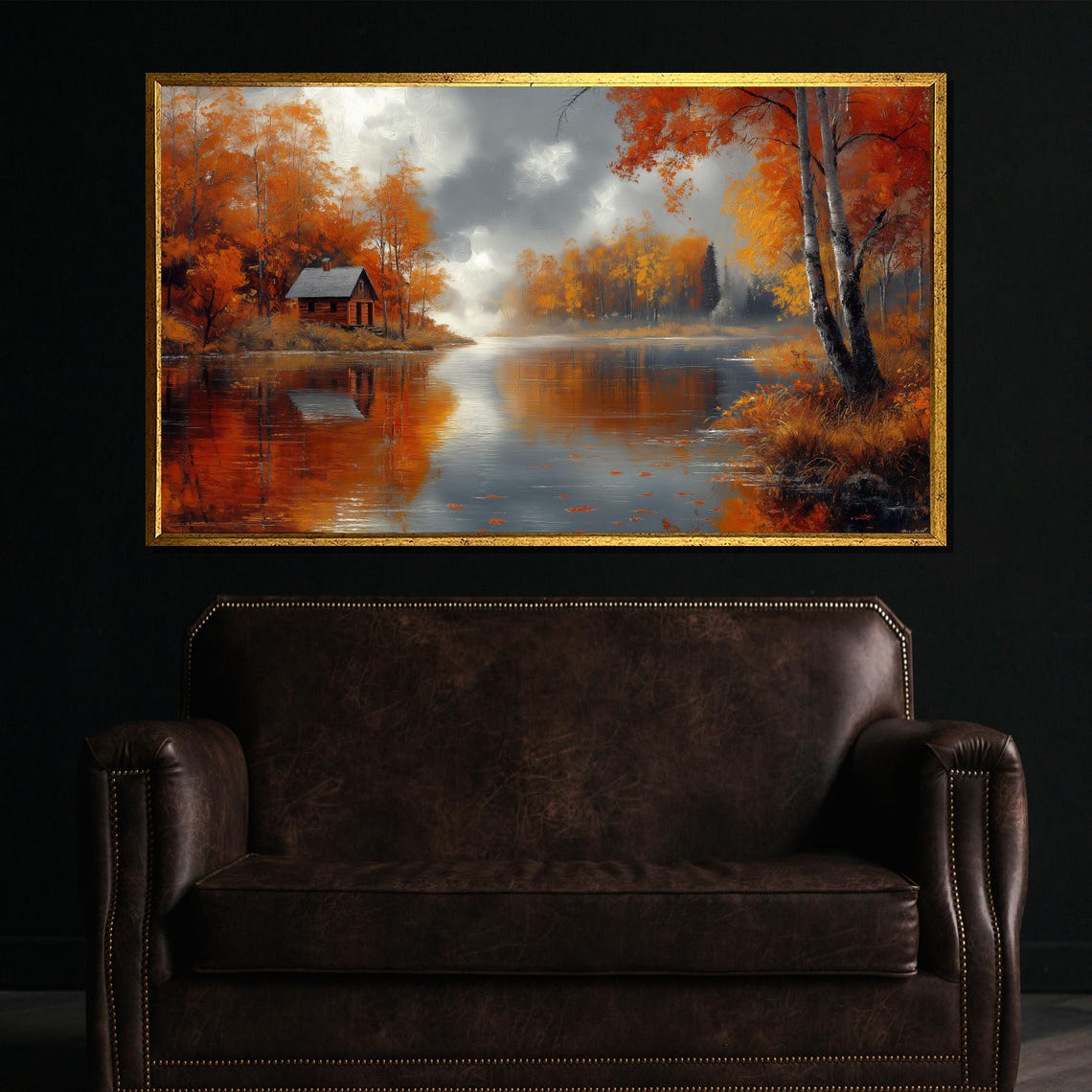 Autumn Lake Birch Trees and Cabin Fall Reflection Scenic Poster
