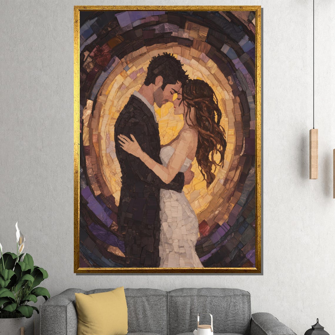 Romantic Mosaic Tile Couple Embrace With Golden Halo Circle Poster