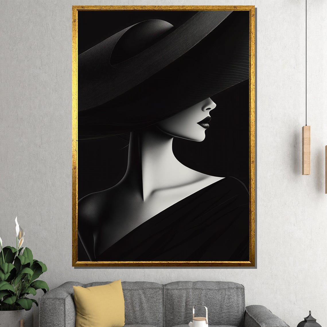 Minimalist Black White Woman Profile Under Wide Brim Hat Poster
