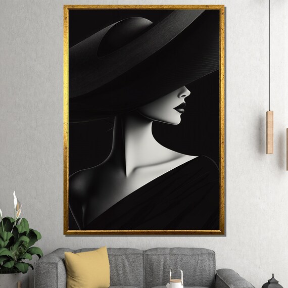 Minimalist Black White Woman Profile Under Wide Brim Hat Poster