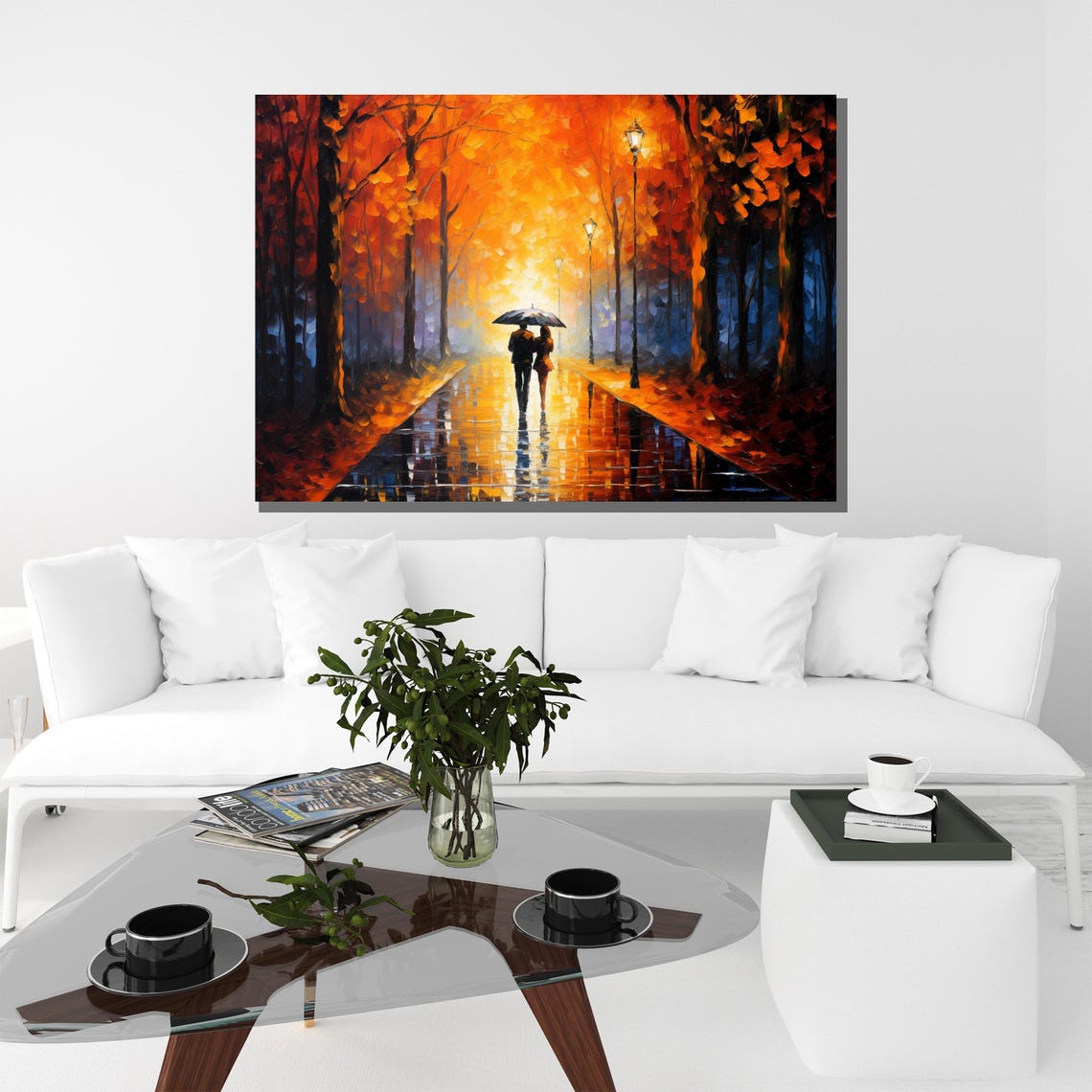 Romantic Couple Sharing Umbrella Autumn Rain Glowing Path Poster - Image 2