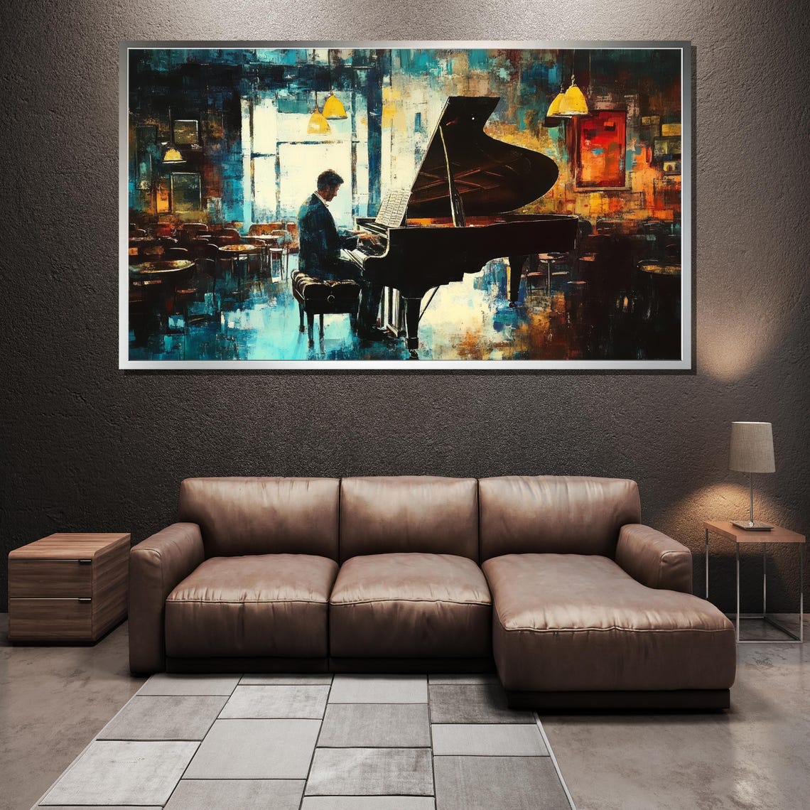 Pianist at Grand Piano in Moody Lamplit Cafe Impressionist Poster - Image 3