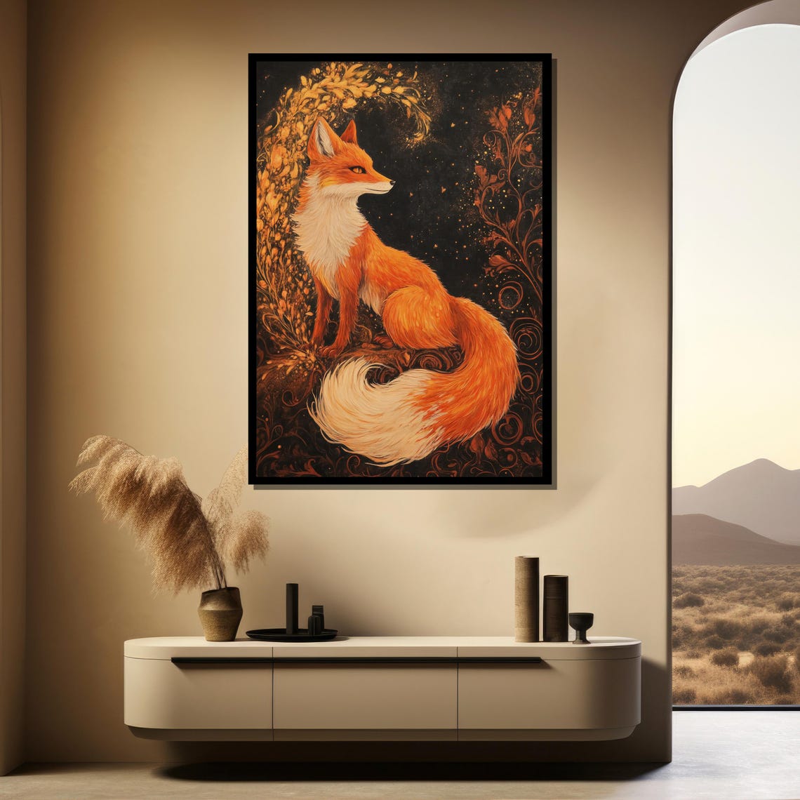 Fiery Red Fox With Golden Botanical Florals Dark Elegant Poster - Image 4