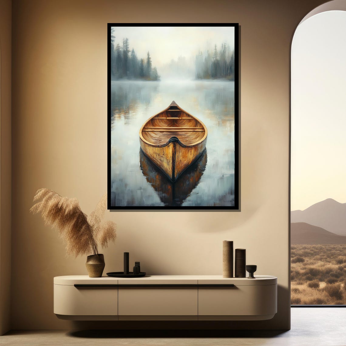 Peaceful Empty Wooden Canoe Misty Lake Still Water Forest Poster - Image 4