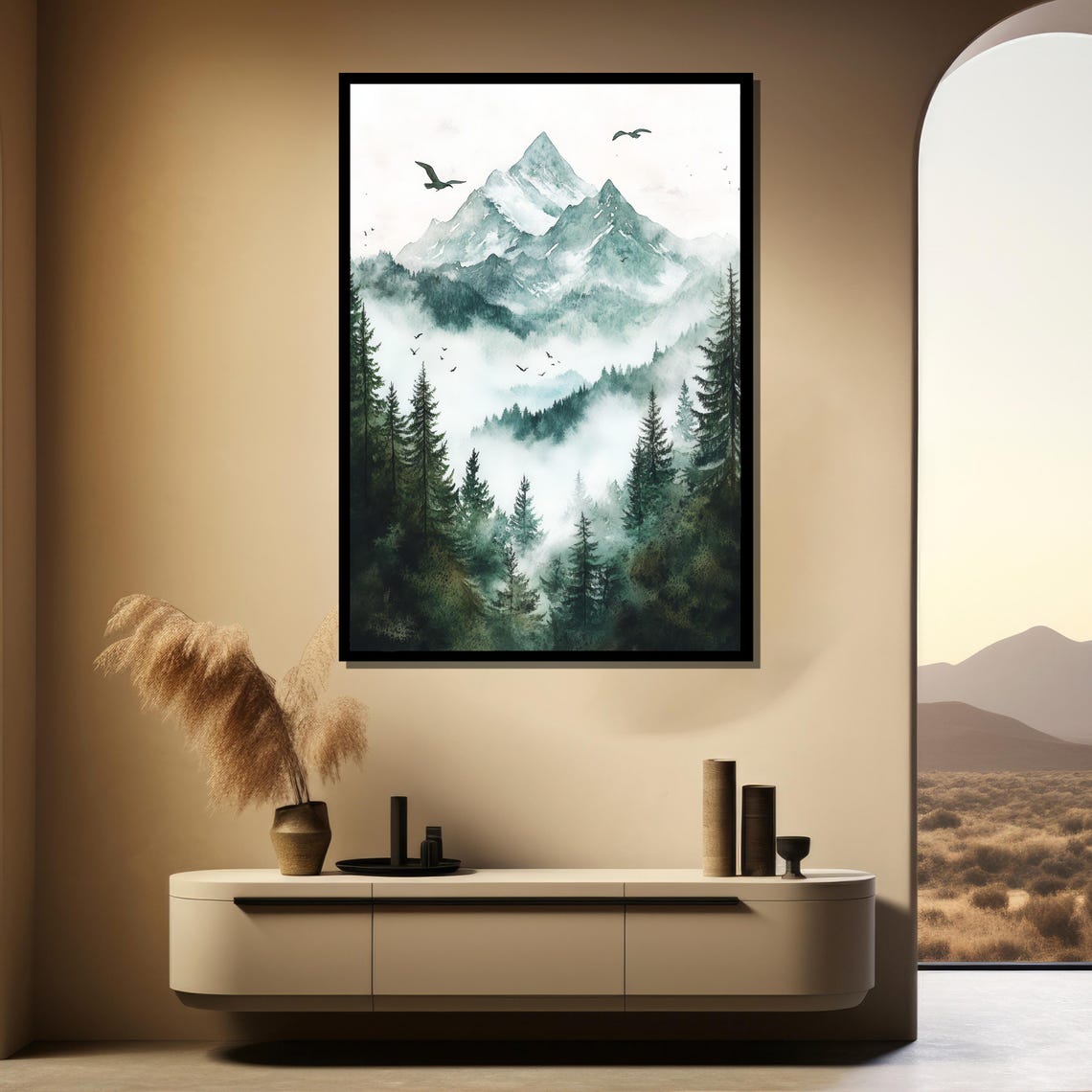 Misty Mountain Forest With Birds Watercolor Nature Art Poster - Image 4