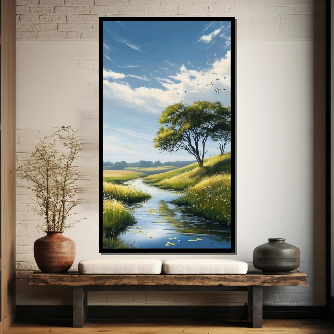Tranquil River Meadow Sunny Day Lone Big Tree Nature Art Poster - Image 4