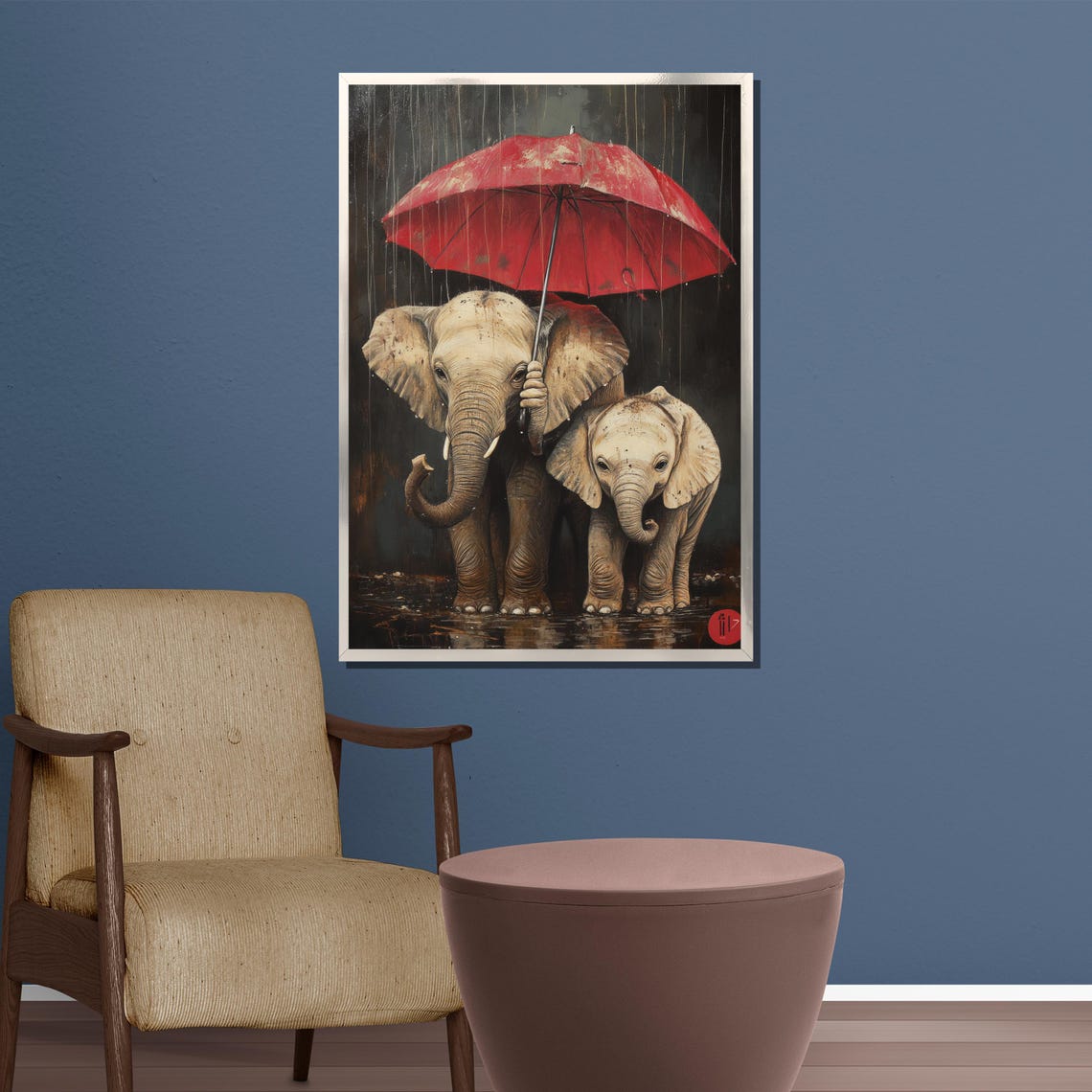 Elephant Mom And Baby Sharing Red Umbrella In Rain Cute Poster - Image 3