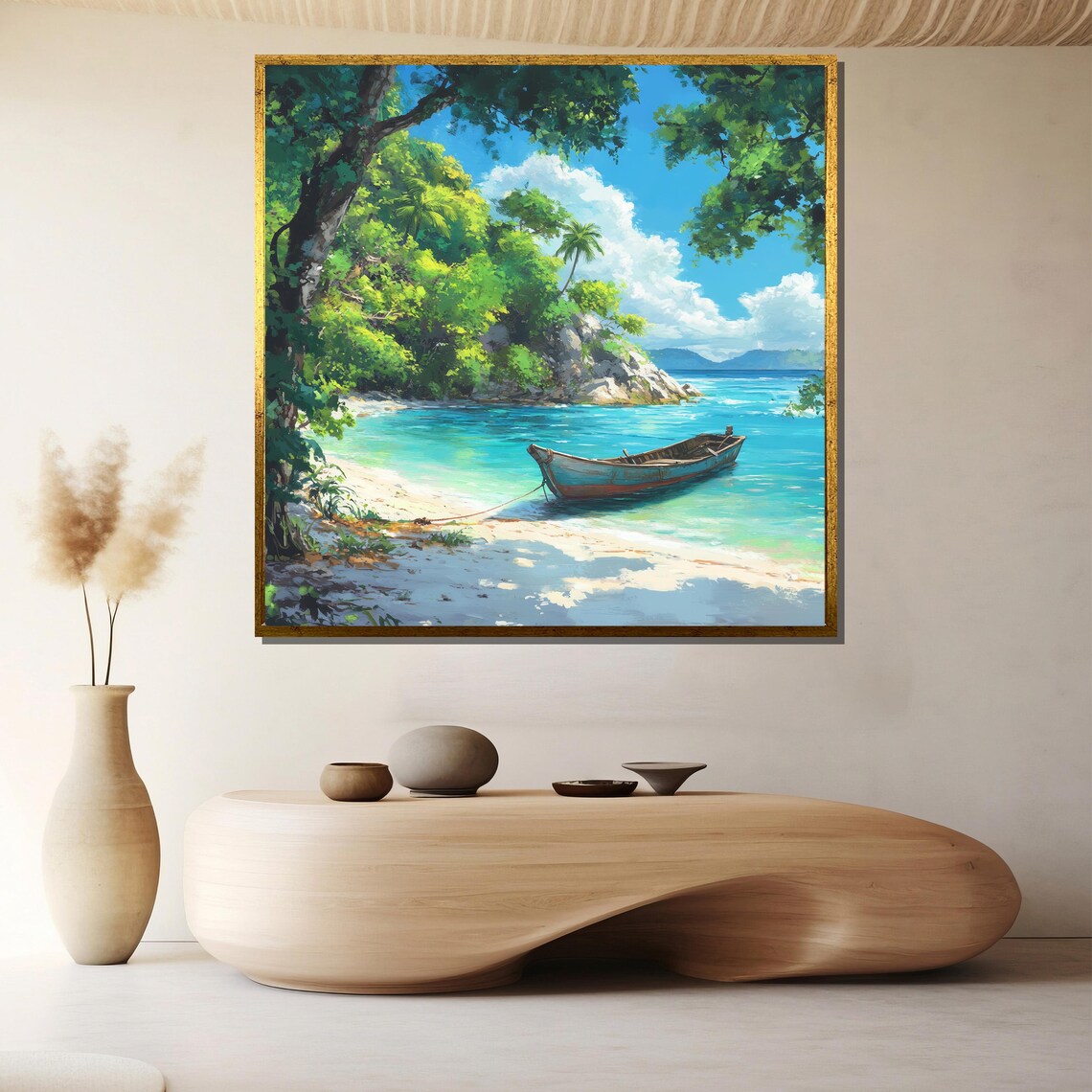 Tropical Cove Wooden Boat Turquoise Lagoon Scene Island Poster