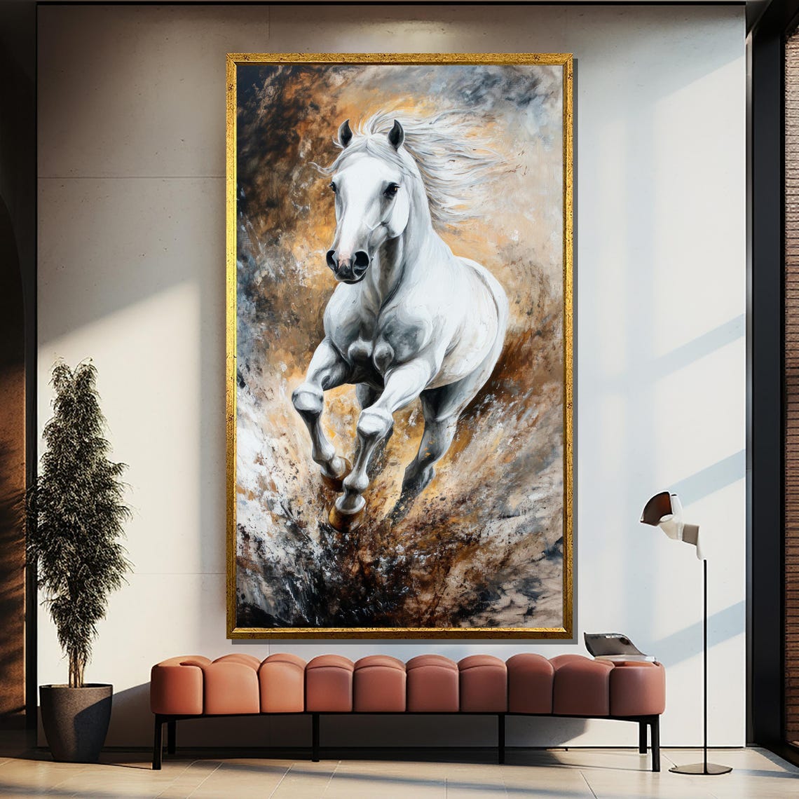 White Horse Galloping Through Dynamic Gold Brown Swirl Poster