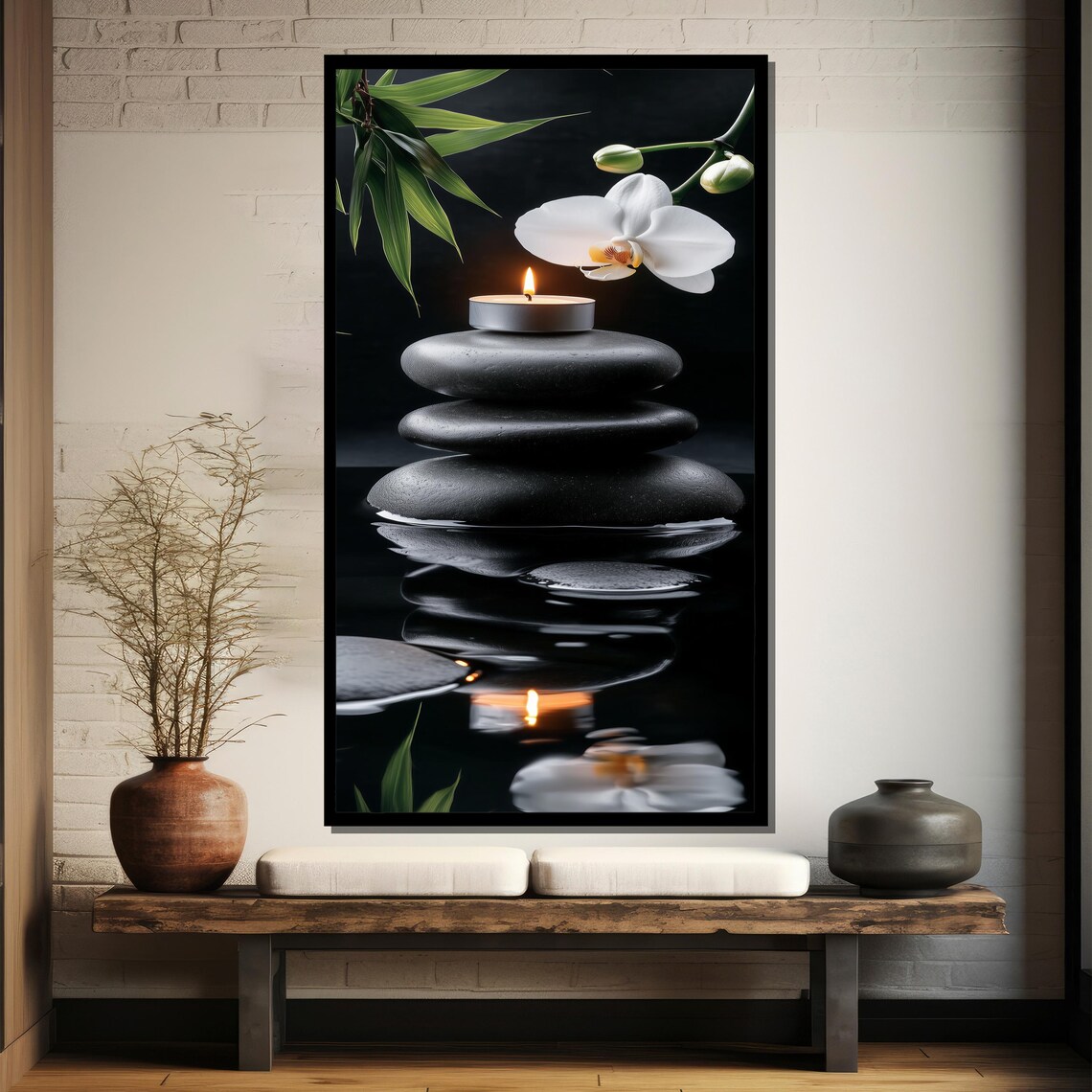 Black Zen Stones With Candle and White Orchid Calm Spa Poster - Image 4