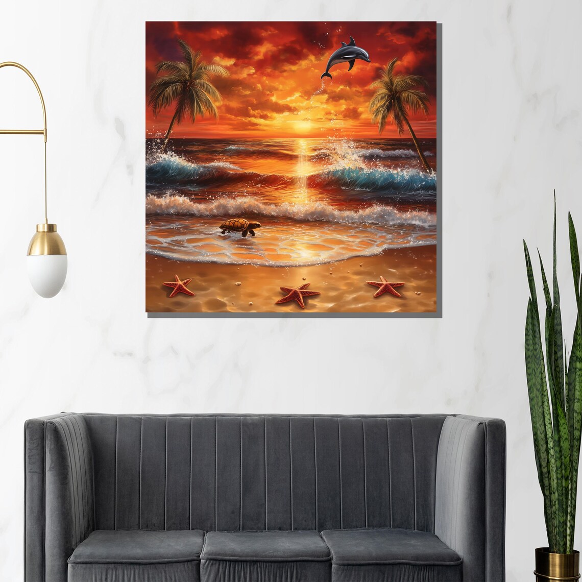 Sunset Beach Dolphin Turtle and Starfish Tropical Scene Poster - Image 2