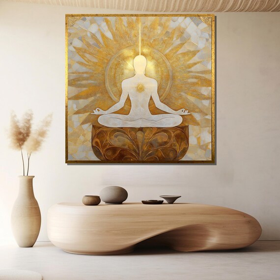 White Meditator Silhouette in a Golden Sunburst Mosaic Poster