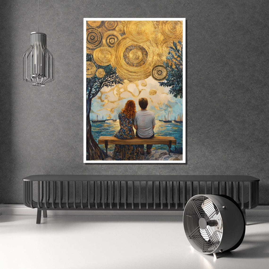 Golden Sunset Couple On Bench Watching Sailboats Sky Art Poster - Image 3