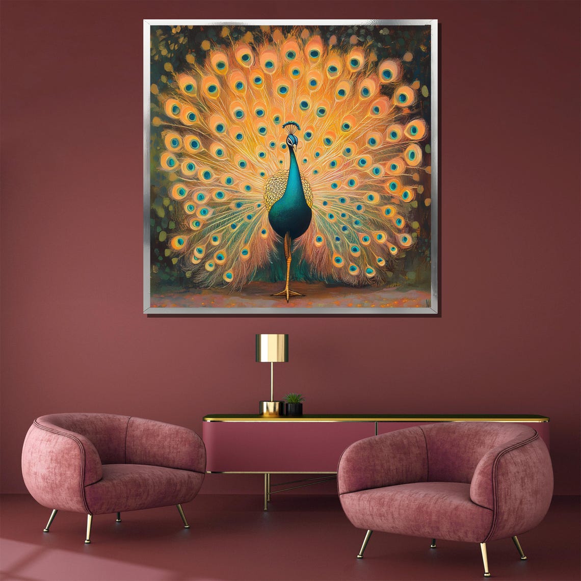 Golden Peacock Full Feather Fan Glowing Garden Setting Art Poster - Image 3
