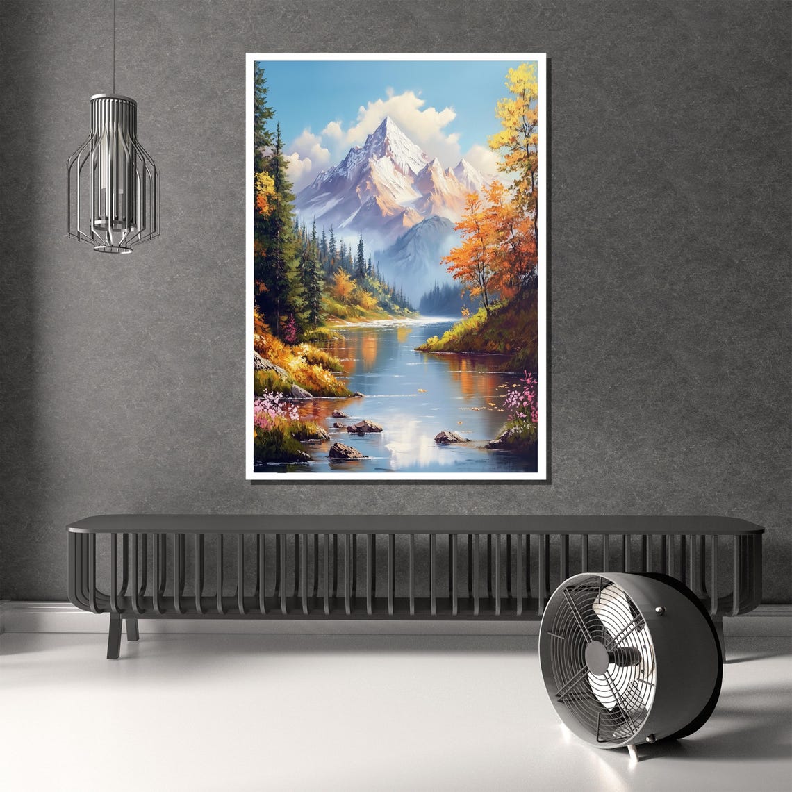 Mountain Landscape Painting Vibrant Nature Wall Art River And Forest Scene Gift For Home Decor - Image 3